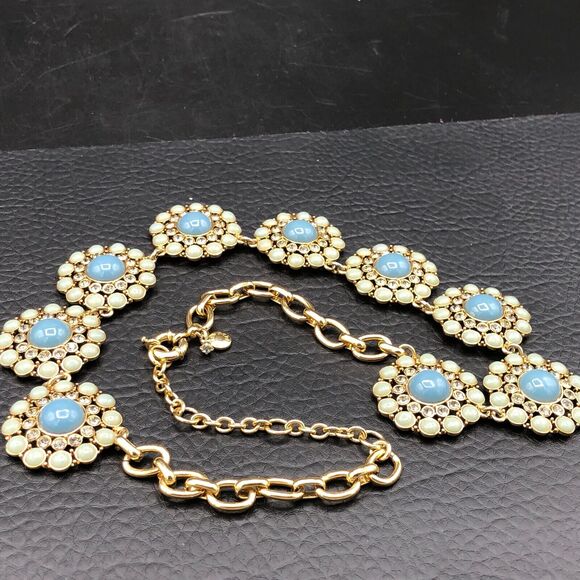 J. CREW Statement Bib Necklace Aqua Mint Green Crystal Cabs Gold Tone Medallions - Picture 5 of 9